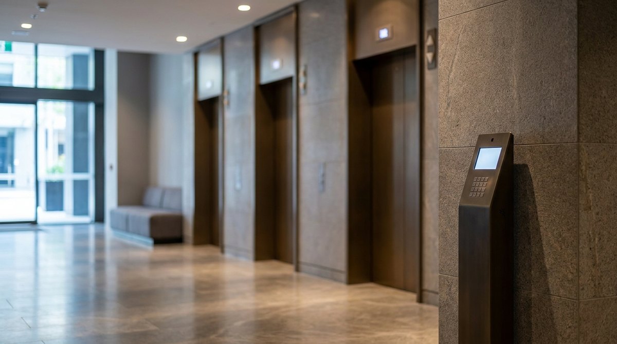 A lift lobby in a commercial office building with a destination entry terminal in the foreground and a bank of closed lift doors beyond