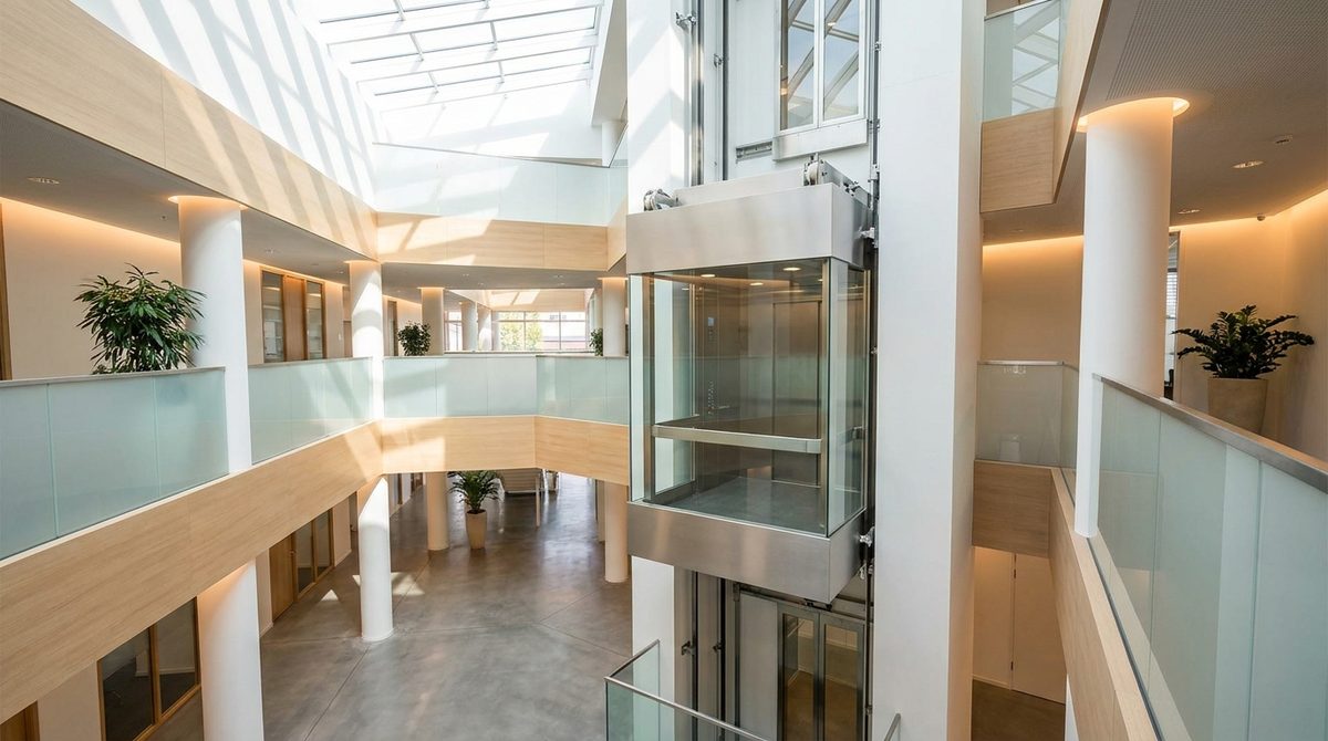 A glass passenger lift rising through a bright, modern commercial office building atrium