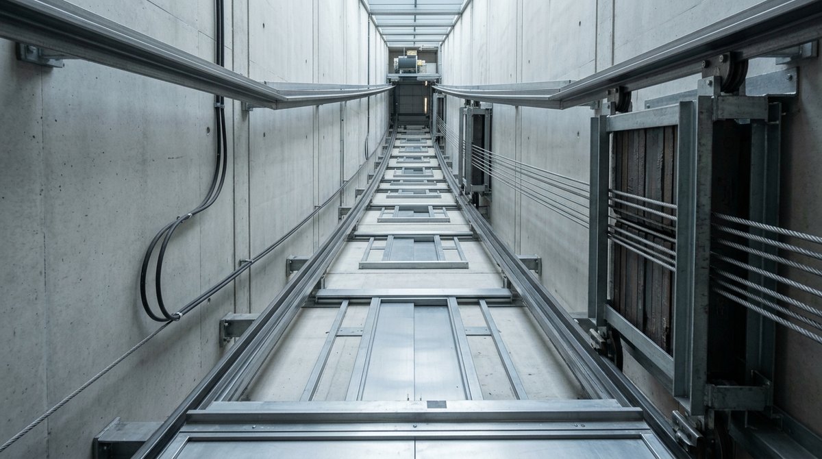 The interior of a lift shaft seen from below, with steel guide rails, suspension ropes and a counterweight receding upward toward the machine
