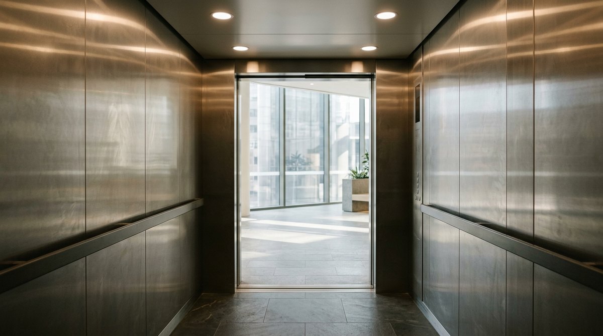 The open doors of a modern passenger lift car looking out onto a bright, daylit commercial office lobby