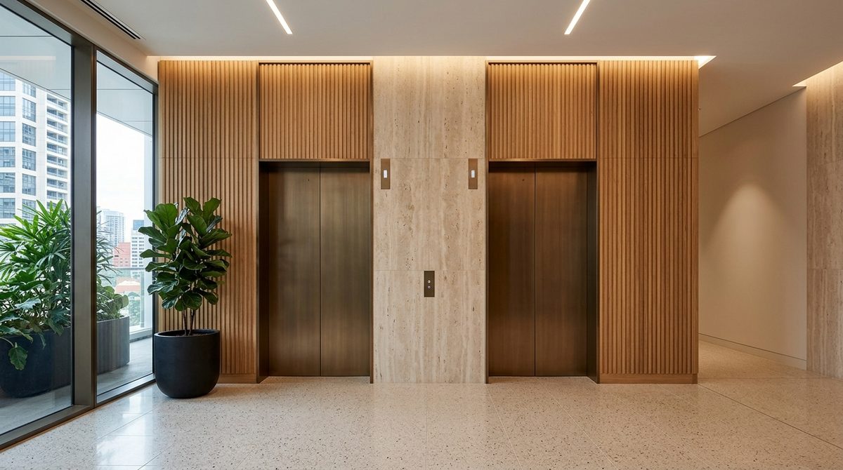 Modern lift lobby with bronze elevator doors in an Australian commercial office building